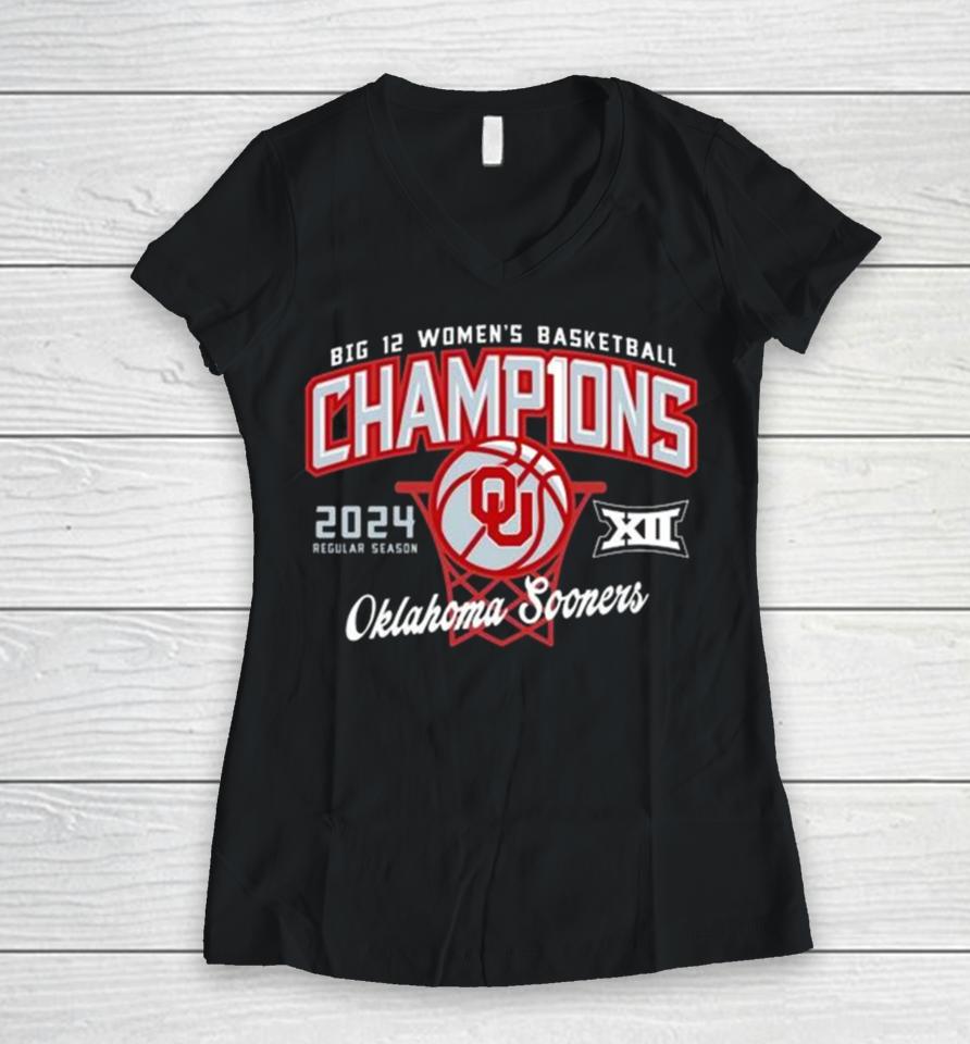 Oklahoma Sooners 2024 Big 12 Women’s Basketball Regular Season Champions Women V-Neck T-Shirt