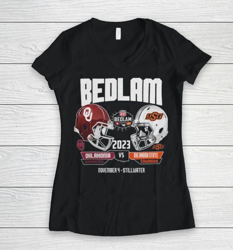 Oklahoma Sooners Vs Oklahoma State Cowboys 2023 Bedlam Football Matchup Women V-Neck T-Shirt