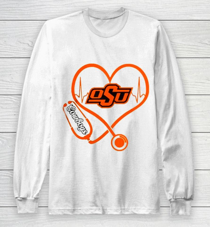 Oklahoma State Cowboys Football Shop Stethoscope Heartbeat Love Oklahoma State Cowboys Long Sleeve T-Shirt