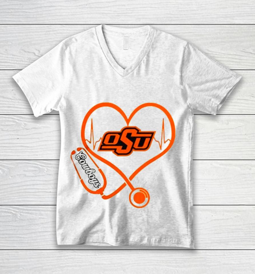 Oklahoma State Cowboys Football Shop Stethoscope Heartbeat Love Oklahoma State Cowboys Unisex V-Neck T-Shirt