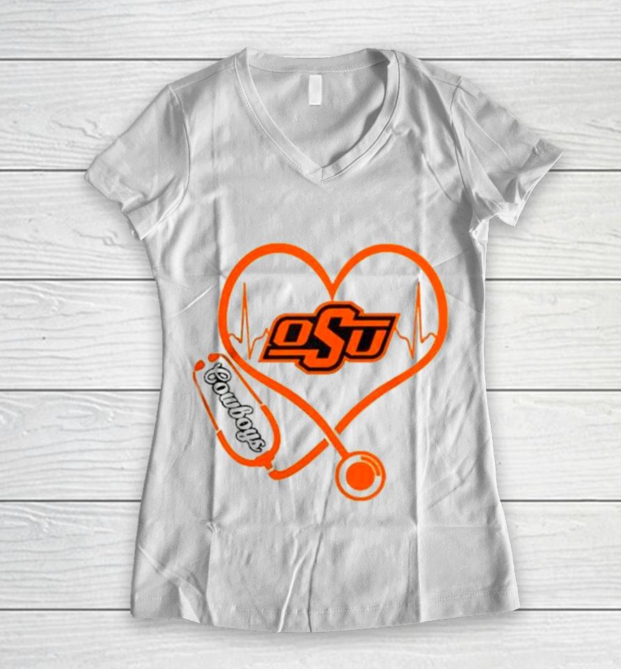 Oklahoma State Cowboys Football Shop Stethoscope Heartbeat Love Oklahoma State Cowboys Women V-Neck T-Shirt