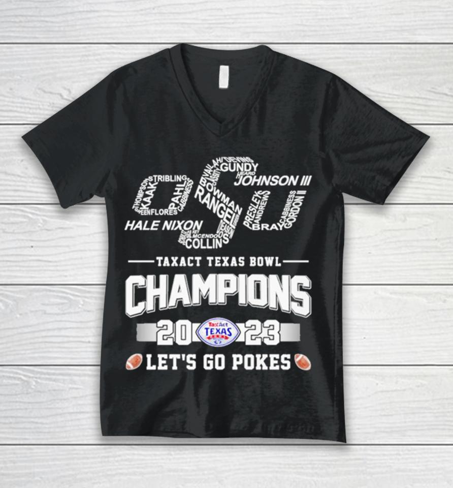 Oklahoma State Cowboys Football Skyline Players Names 2023 Taxact Texas Bowl Champions Let’s Go Pokes Unisex V-Neck T-Shirt