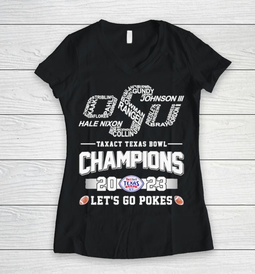 Oklahoma State Cowboys Football Skyline Players Names 2023 Taxact Texas Bowl Champions Let’s Go Pokes Women V-Neck T-Shirt