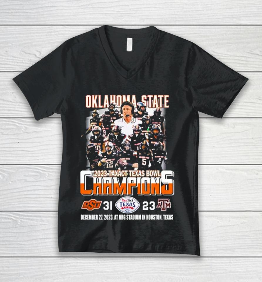Oklahoma State Cowboys Football Team 2023 Tax Act Texas Bowl Champions 31 23 Unisex V-Neck T-Shirt