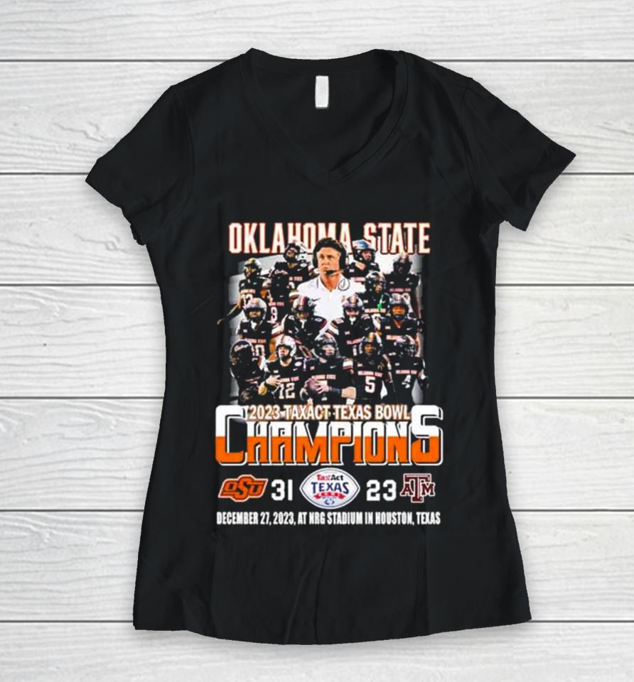 Oklahoma State Cowboys Football Team 2023 Tax Act Texas Bowl Champions 31 23 Women V-Neck T-Shirt