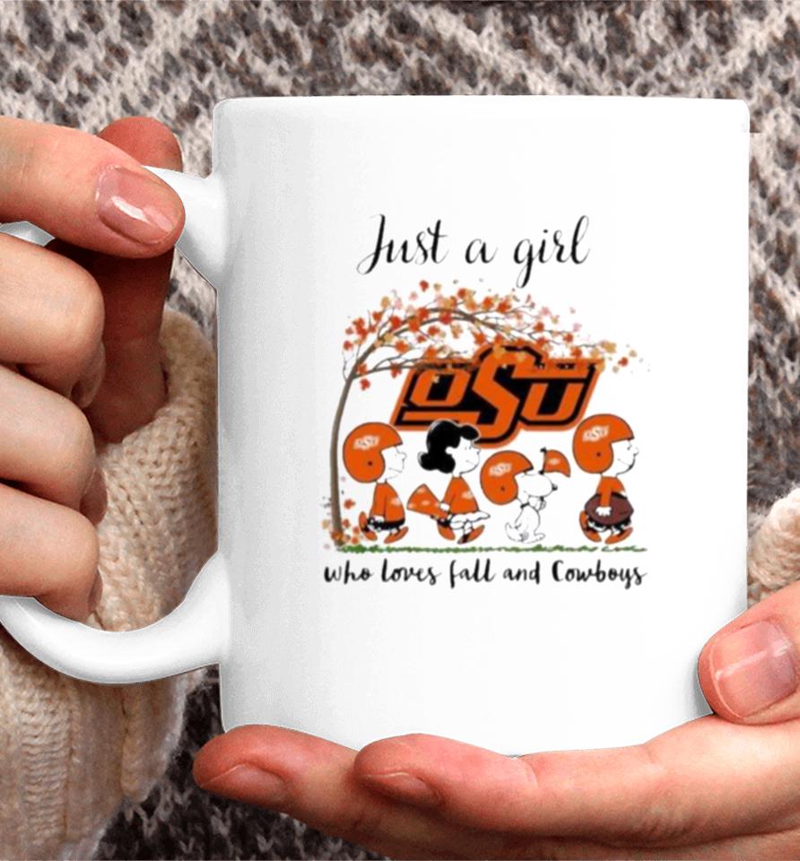 Oklahoma State Cowboys Peanuts Cartoon Just A Girl Who Loves Fall And Cowboys Logo Coffee Mug