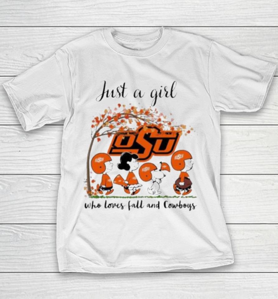 Oklahoma State Cowboys Peanuts Cartoon Just A Girl Who Loves Fall And Cowboys Logo Youth T-Shirt