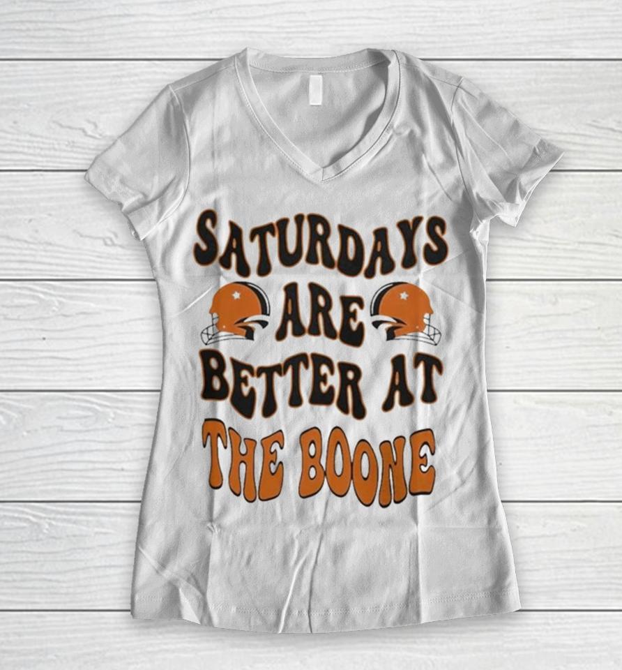 Oklahoma State Football Saturdays Are Better At The Boone 2023 Helmet Women V-Neck T-Shirt