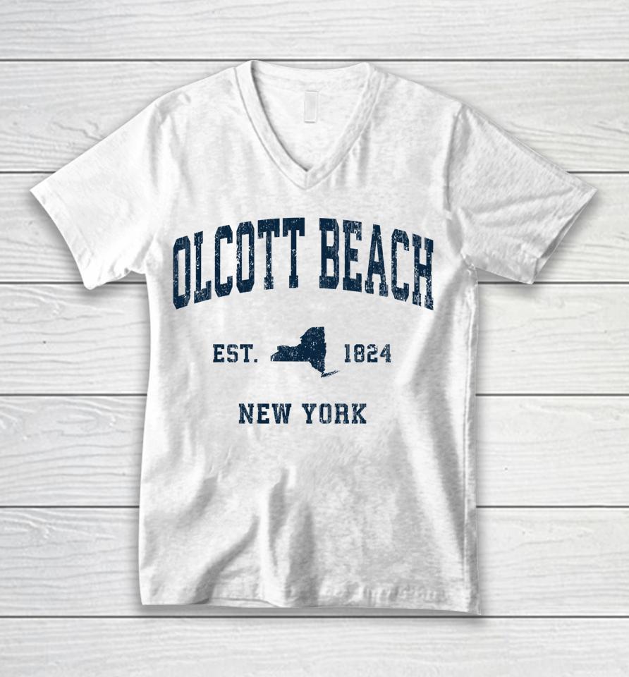 Olcott Beach New York Ny Vintage Unisex V-Neck T-Shirt