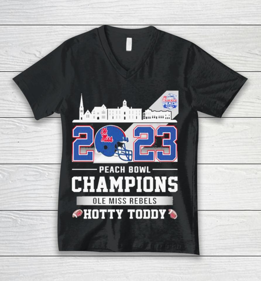 Ole Miss Rebels Football 2023 Peach Bowl Champions Hotty Toddy Helmet Unisex V-Neck T-Shirt