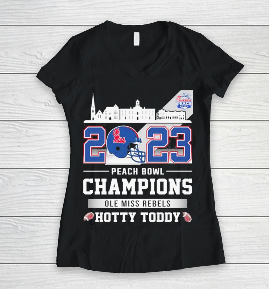 Ole Miss Rebels Football 2023 Peach Bowl Champions Hotty Toddy Helmet Women V-Neck T-Shirt