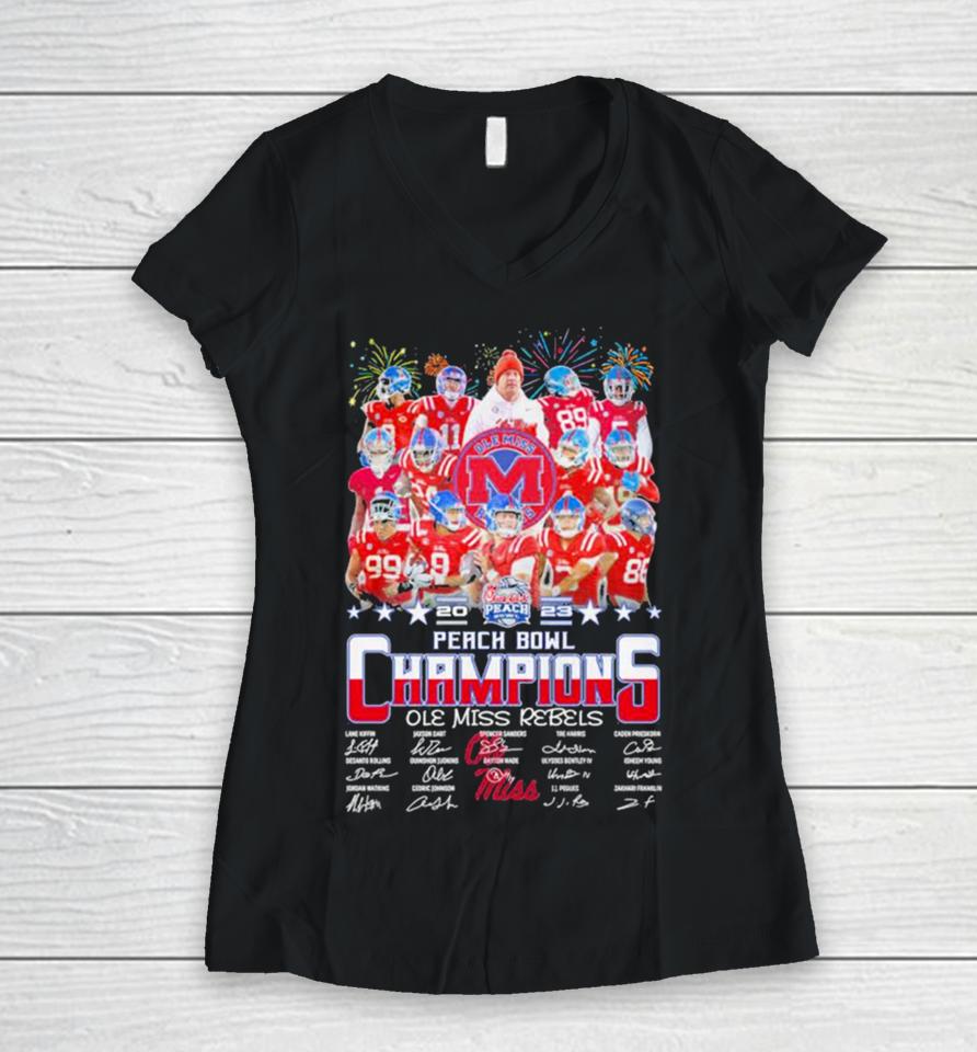 Ole Miss Rebels Football 2023 Peach Bowl Champions Signatures Women V-Neck T-Shirt