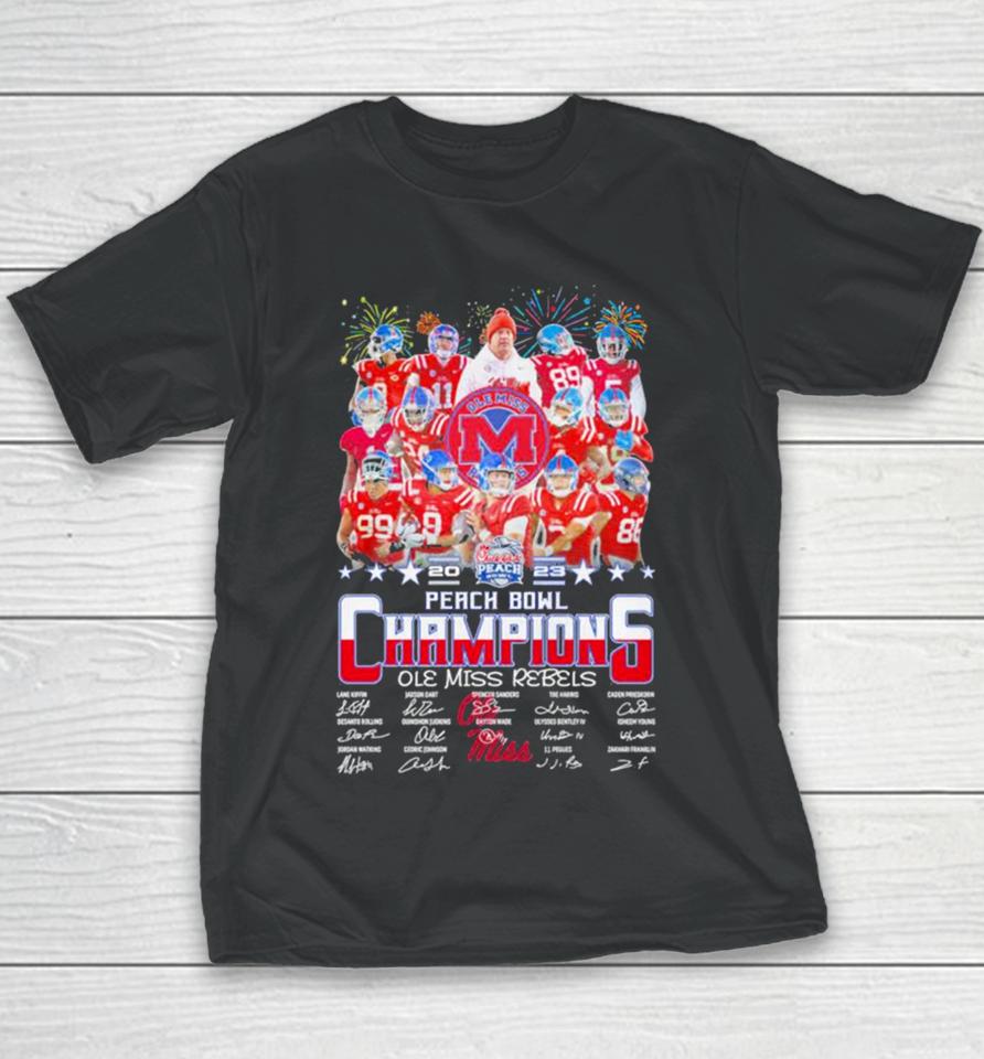 Ole Miss Rebels Football 2023 Peach Bowl Champions Signatures Youth T-Shirt