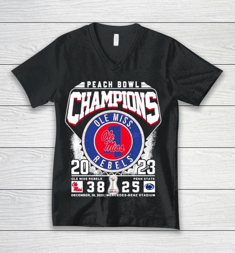 Ole Miss Rebels Football 2023 Peach Bowl Champions Victory Penn State 38 25 Unisex V-Neck T-Shirt