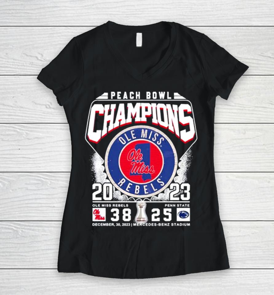 Ole Miss Rebels Football 2023 Peach Bowl Champions Victory Penn State 38 25 Women V-Neck T-Shirt