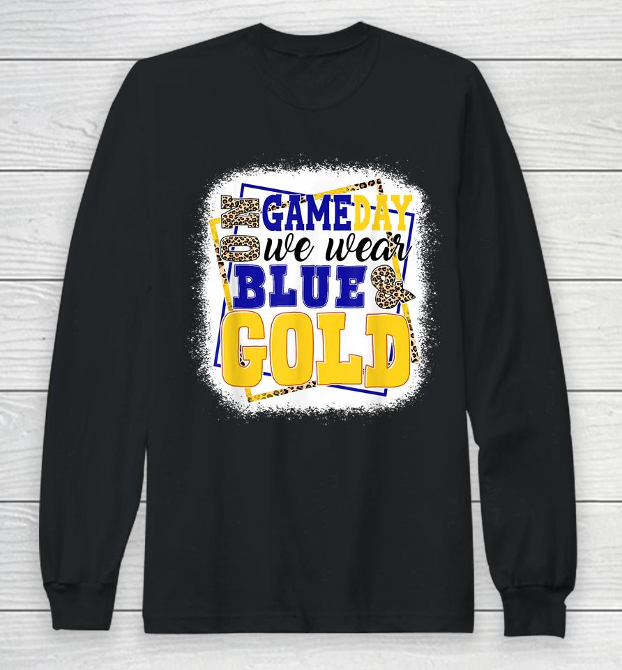 On Game Day Football We Wear Blue And Gold Leopard Print Long Sleeve T-Shirt