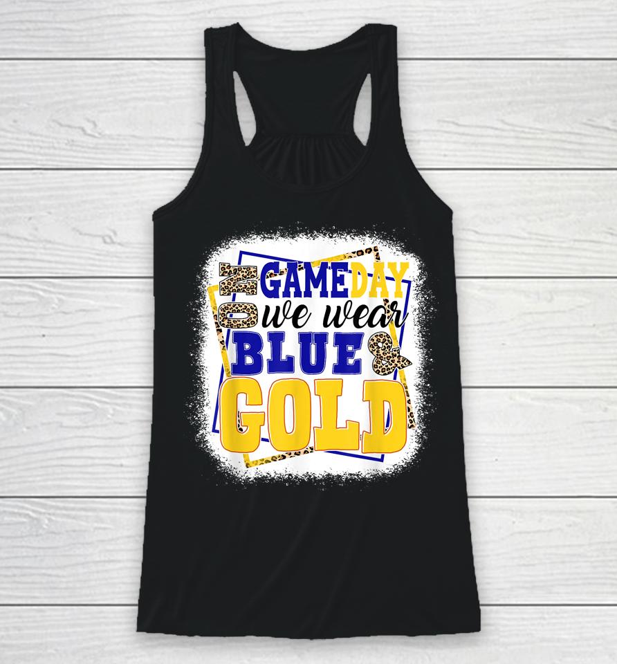 On Game Day Football We Wear Blue And Gold Leopard Print Racerback Tank