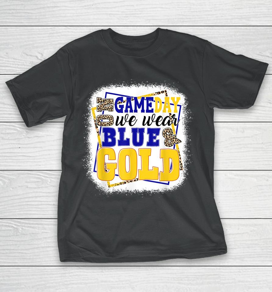 On Game Day Football We Wear Blue And Gold Leopard Print T-Shirt