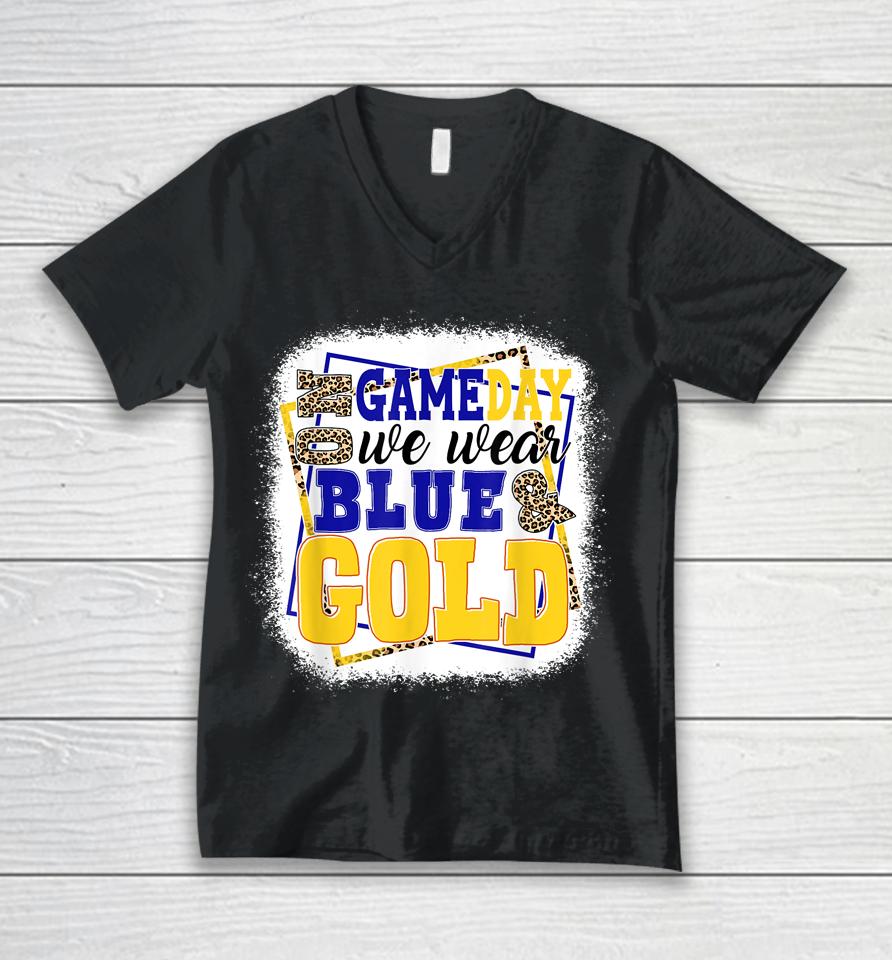 On Game Day Football We Wear Blue And Gold Leopard Print Unisex V-Neck T-Shirt