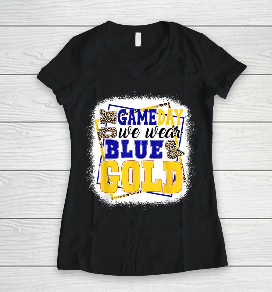 On Game Day Football We Wear Blue And Gold Leopard Print Women V-Neck T-Shirt