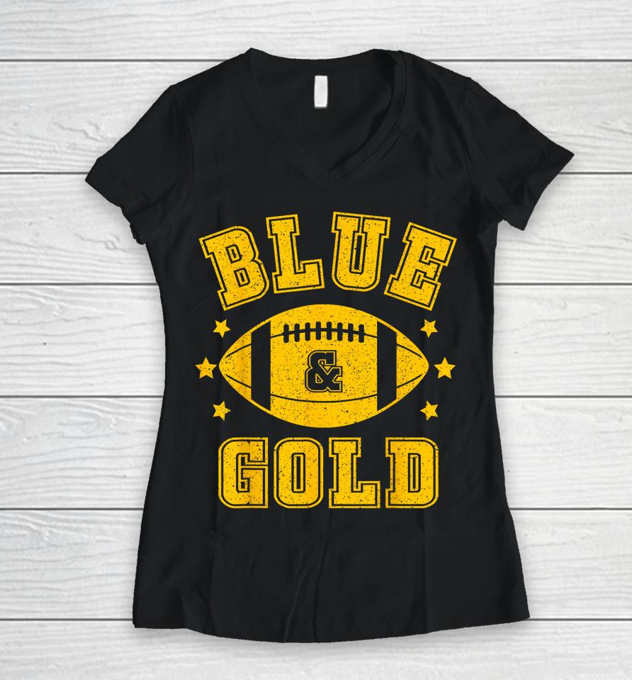 On Gameday Football We Wear Blue And Gold School Spirit Women V-Neck T-Shirt