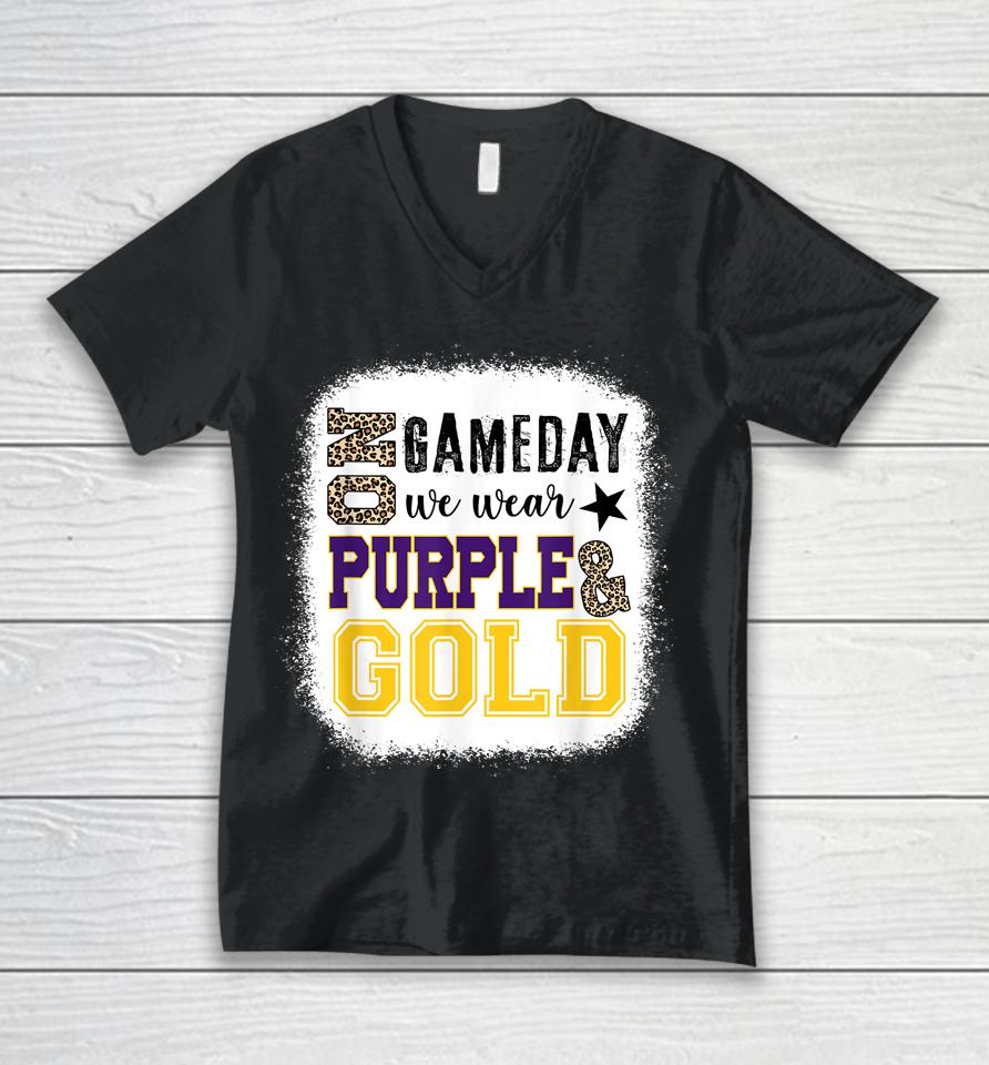 On Gameday Football We Wear Purple And Gold Leopard Print Unisex V-Neck T-Shirt