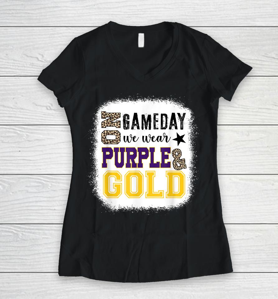 On Gameday Football We Wear Purple And Gold Leopard Print Women V-Neck T-Shirt