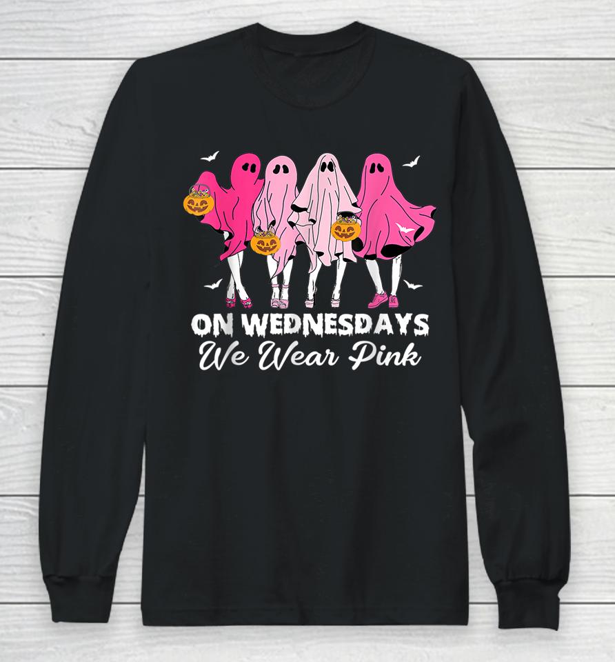 On Wednesday We Wear Pink Cute Ghost Halloween Breast Cancer Long Sleeve T-Shirt