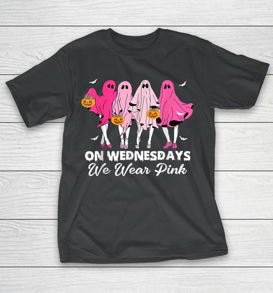 On Wednesday We Wear Pink Cute Ghost Halloween Breast Cancer T-Shirt