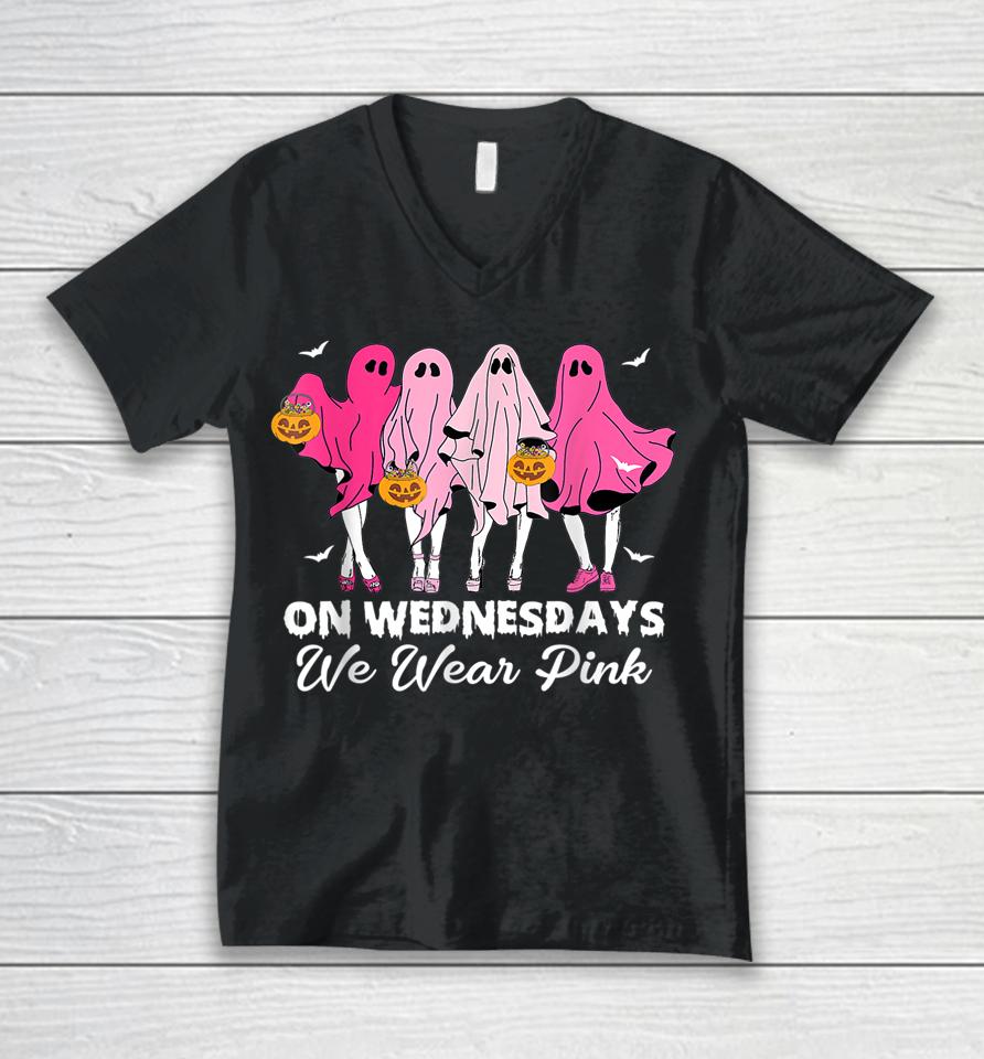 On Wednesday We Wear Pink Cute Ghost Halloween Breast Cancer Unisex V-Neck T-Shirt