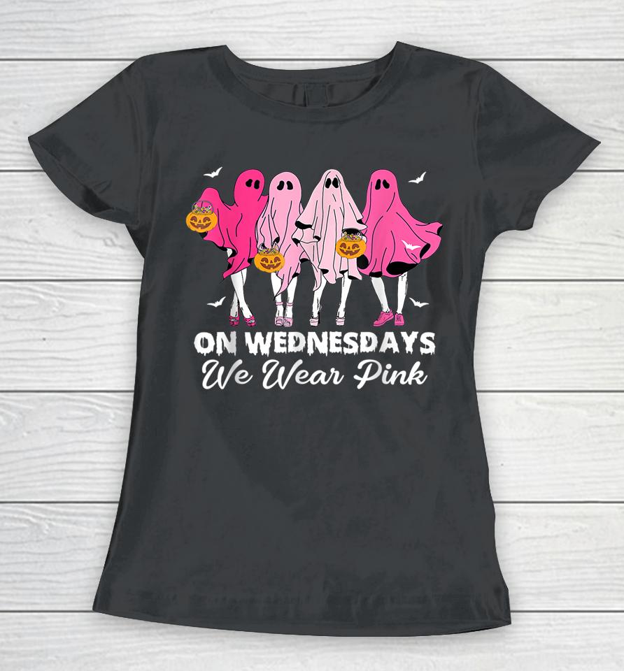 On Wednesday We Wear Pink Cute Ghost Halloween Breast Cancer Women T-Shirt