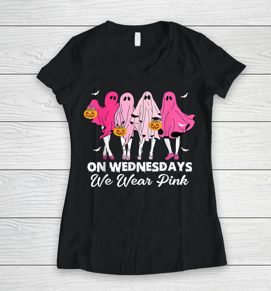 On Wednesday We Wear Pink Cute Ghost Halloween Breast Cancer Women V-Neck T-Shirt