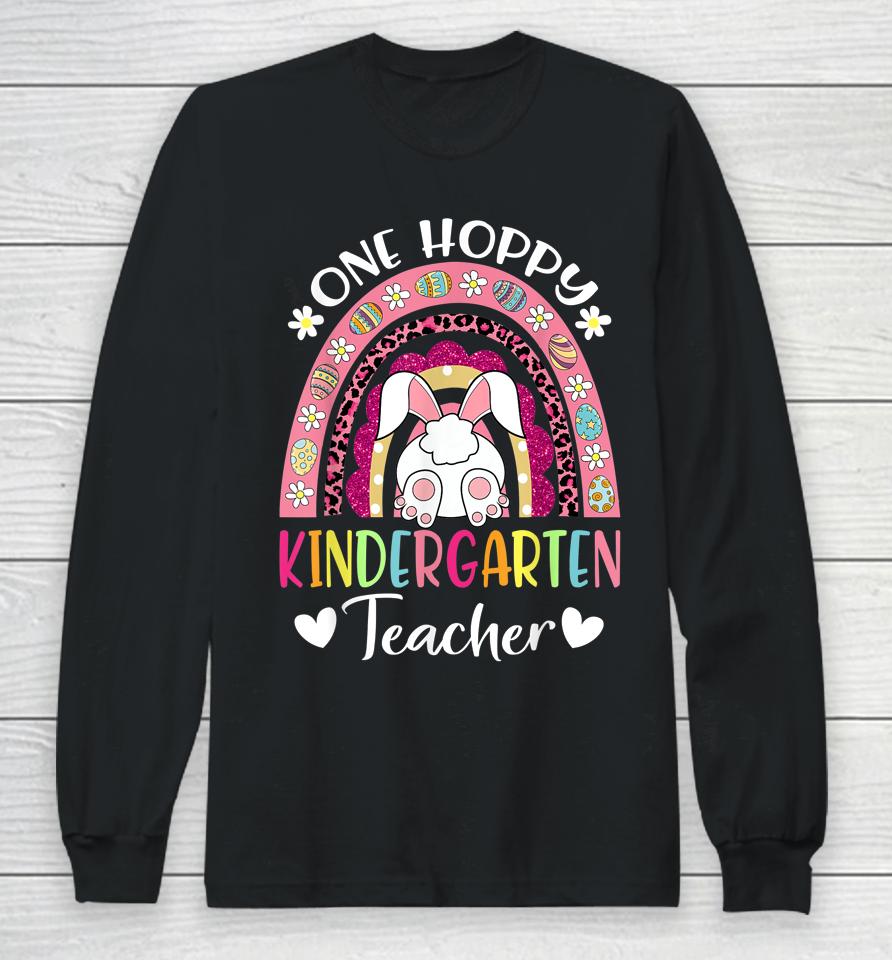 One Hoppy Kindergarten Teacher Happy Easter Rainbow Leopard Long Sleeve T-Shirt