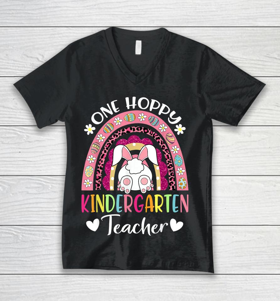 One Hoppy Kindergarten Teacher Happy Easter Rainbow Leopard Unisex V-Neck T-Shirt
