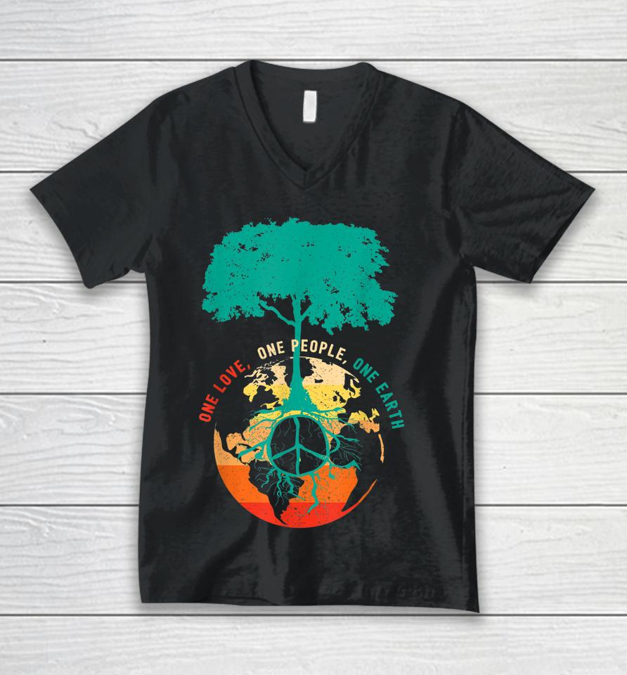 One Love One People One Earth Retro Earth Day Unisex V-Neck T-Shirt