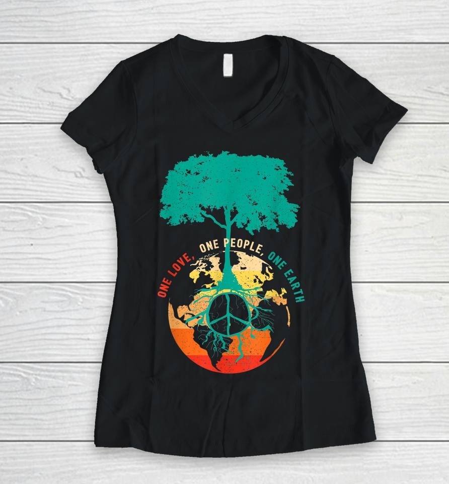 One Love One People One Earth Retro Earth Day Women V-Neck T-Shirt