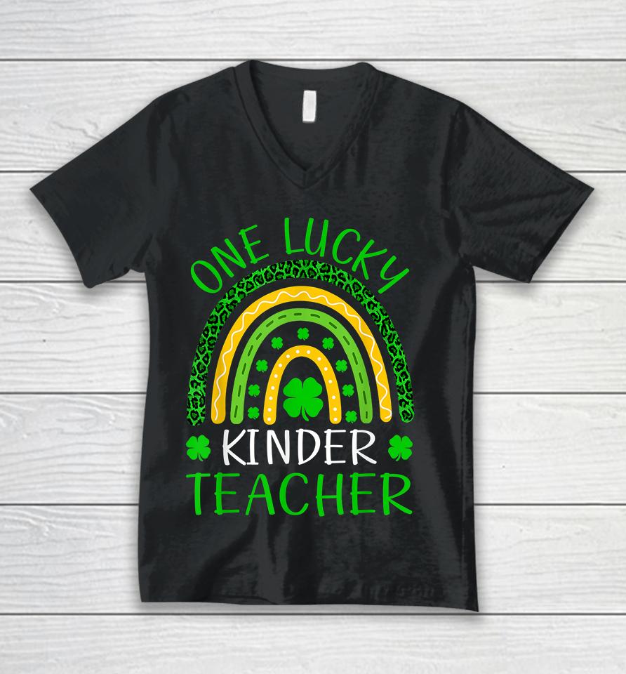 One Lucky Kinder Teacher Rainbow St Patricks Unisex V-Neck T-Shirt