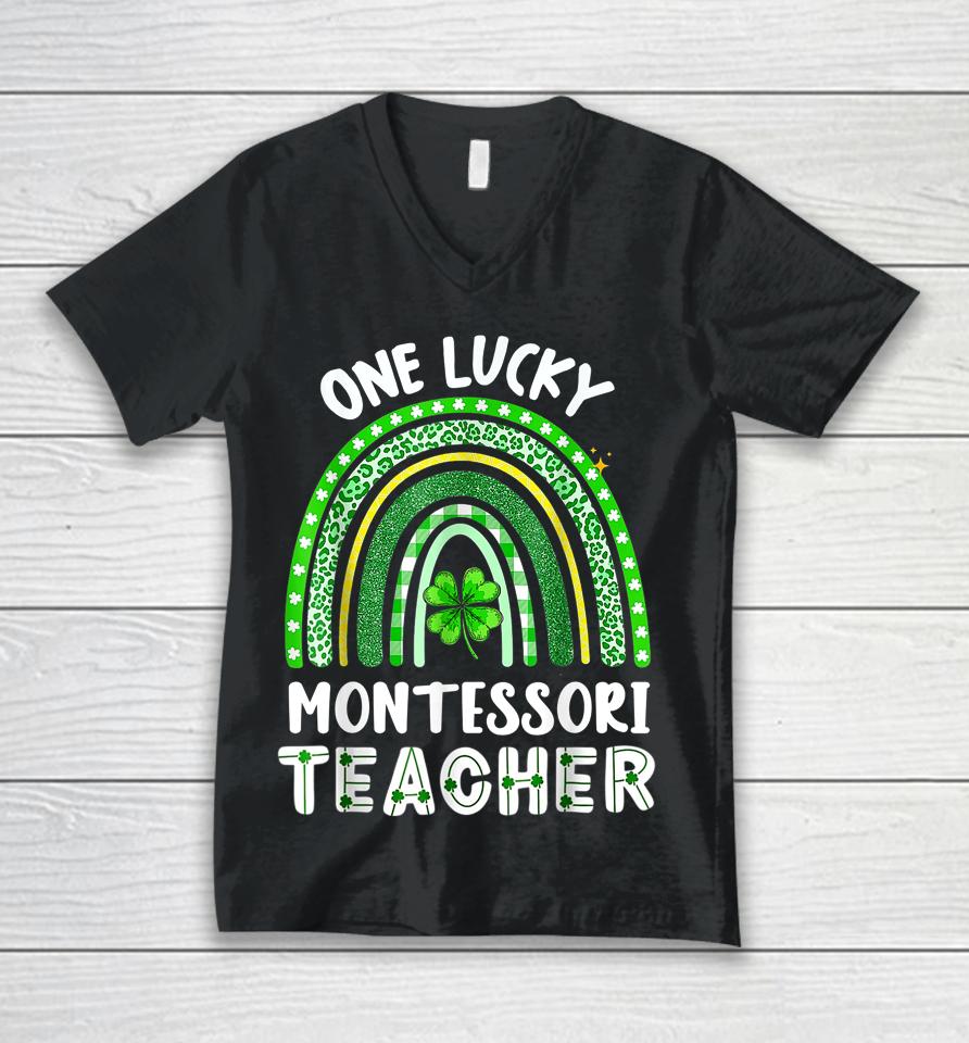 One Lucky Montessori Teacher Rainbow St Patrick’s Day Unisex V-Neck T-Shirt