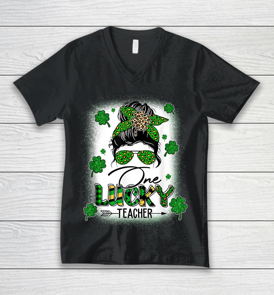 One Lucky Teacher Messy Bun Shamrock St Patrick's Day Unisex V-Neck T-Shirt