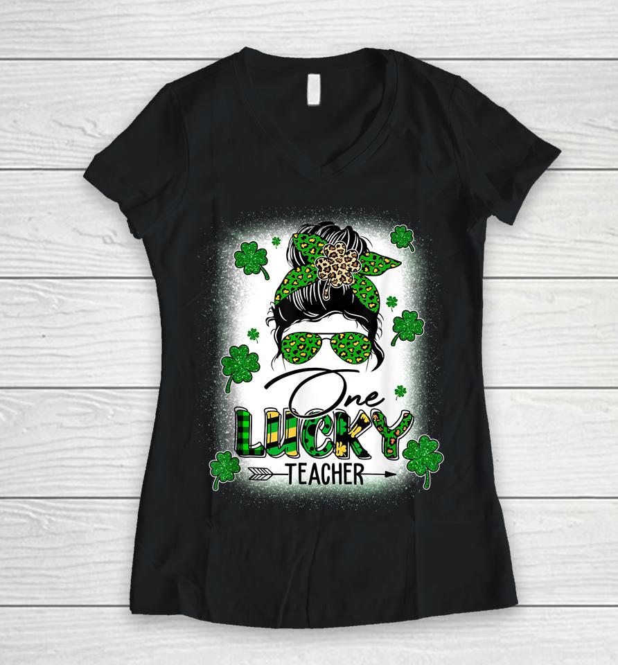 One Lucky Teacher Messy Bun Shamrock St Patrick's Day Women V-Neck T-Shirt