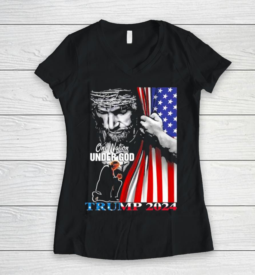 One Nation Under God Donald Trump 2024 Strong America Women V-Neck T-Shirt