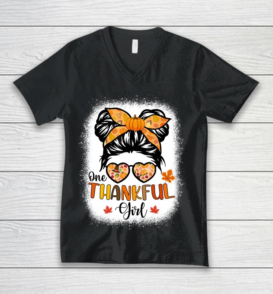One Thankful Girl Thanksgiving Daughter Messy Bun Fall Girls Unisex V-Neck T-Shirt