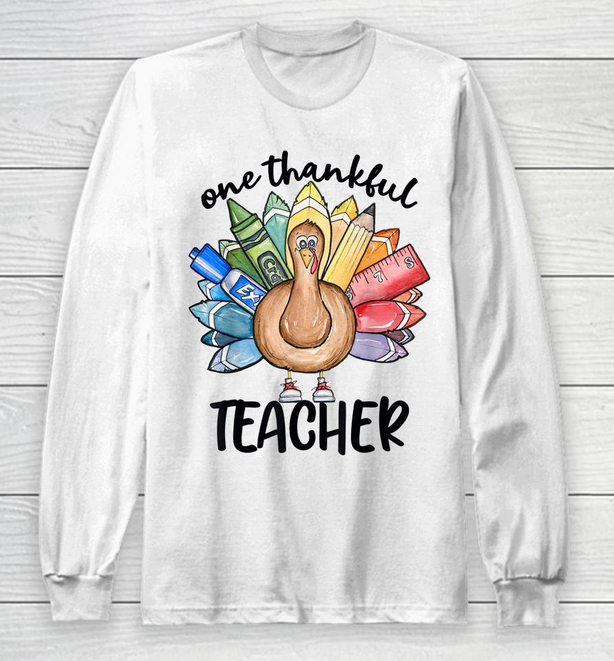 One Thankful Teacher Thanksgiving Turkey Cute Crayon Pencil Long Sleeve T-Shirt