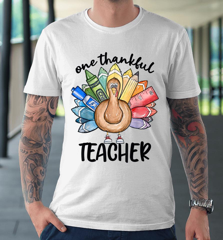 One Thankful Teacher Thanksgiving Turkey Cute Crayon Pencil Premium T-Shirt