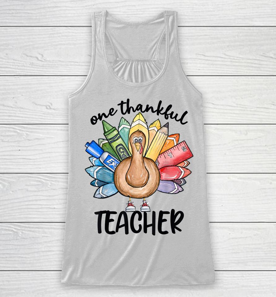 One Thankful Teacher Thanksgiving Turkey Cute Crayon Pencil Racerback Tank