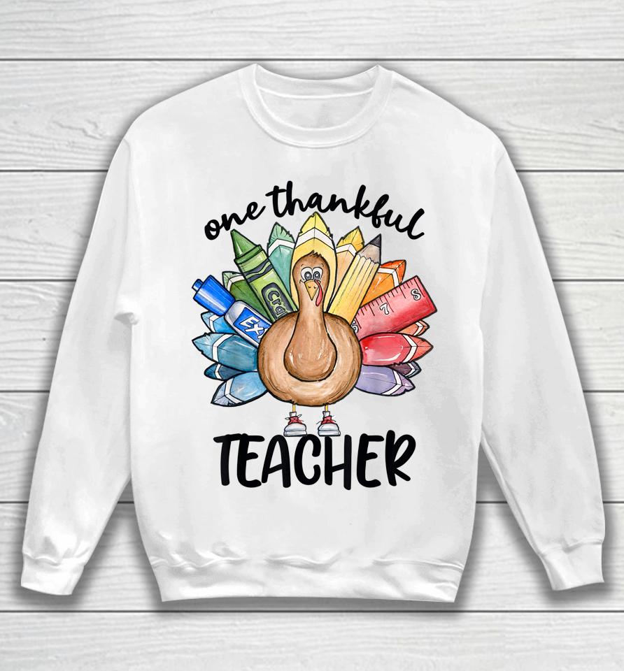 One Thankful Teacher Thanksgiving Turkey Cute Crayon Pencil Sweatshirt