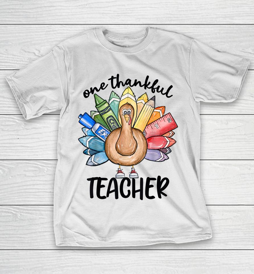 One Thankful Teacher Thanksgiving Turkey Cute Crayon Pencil T-Shirt