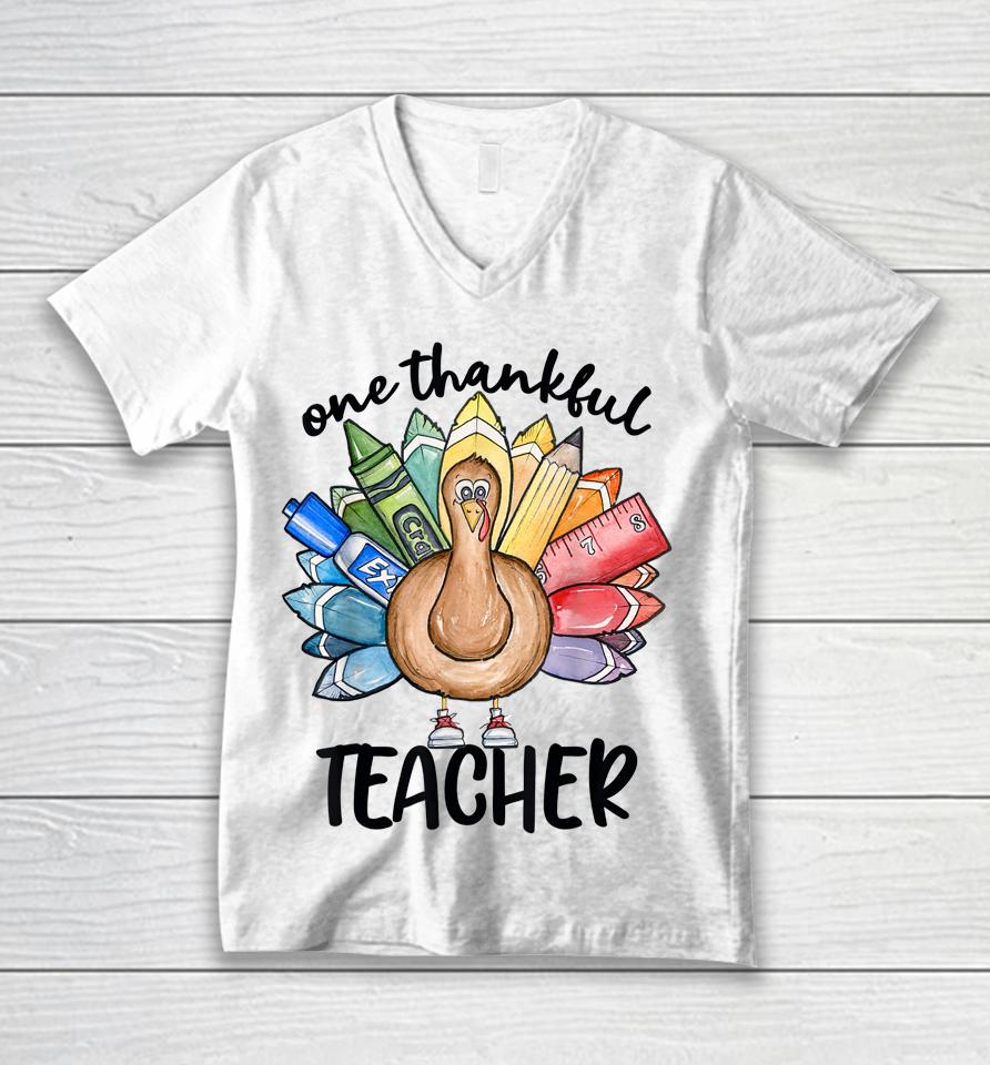 One Thankful Teacher Thanksgiving Turkey Cute Crayon Pencil Unisex V-Neck T-Shirt