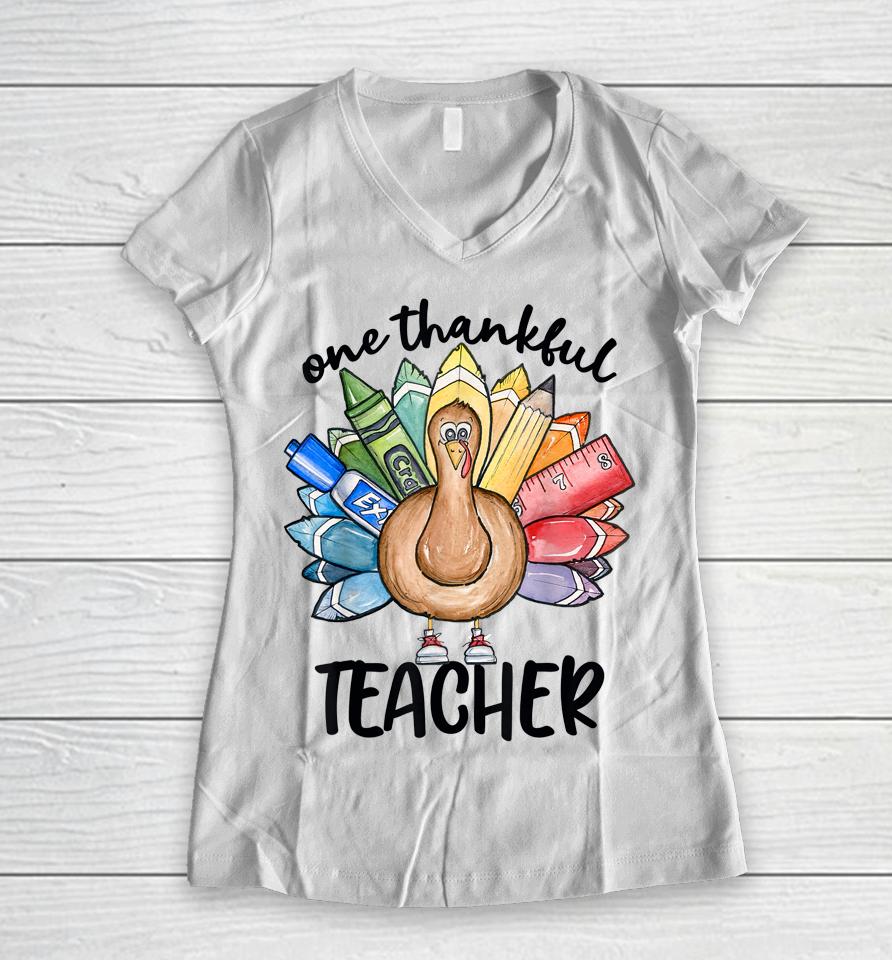 One Thankful Teacher Thanksgiving Turkey Cute Crayon Pencil Women V-Neck T-Shirt
