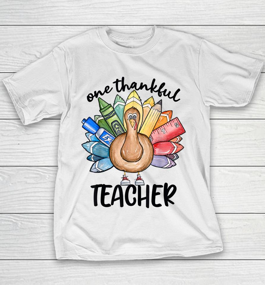 One Thankful Teacher Thanksgiving Turkey Cute Crayon Pencil Youth T-Shirt